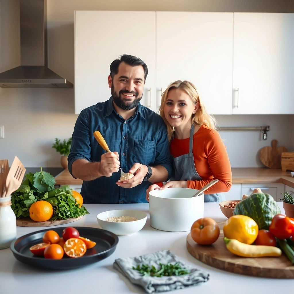 Couple fit pratiquant une alimentation saine ensemble